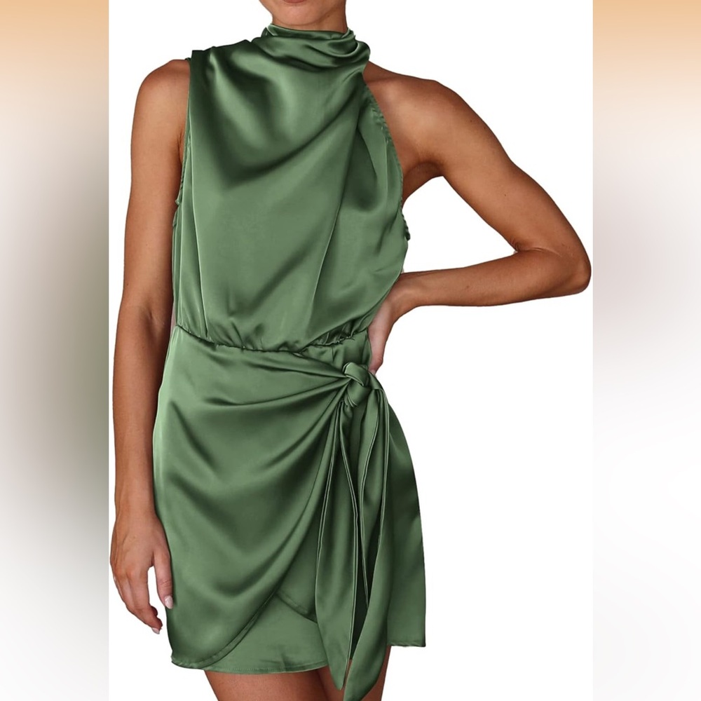 One-Shoulder Olive Green Satin Wrap Mini Dress